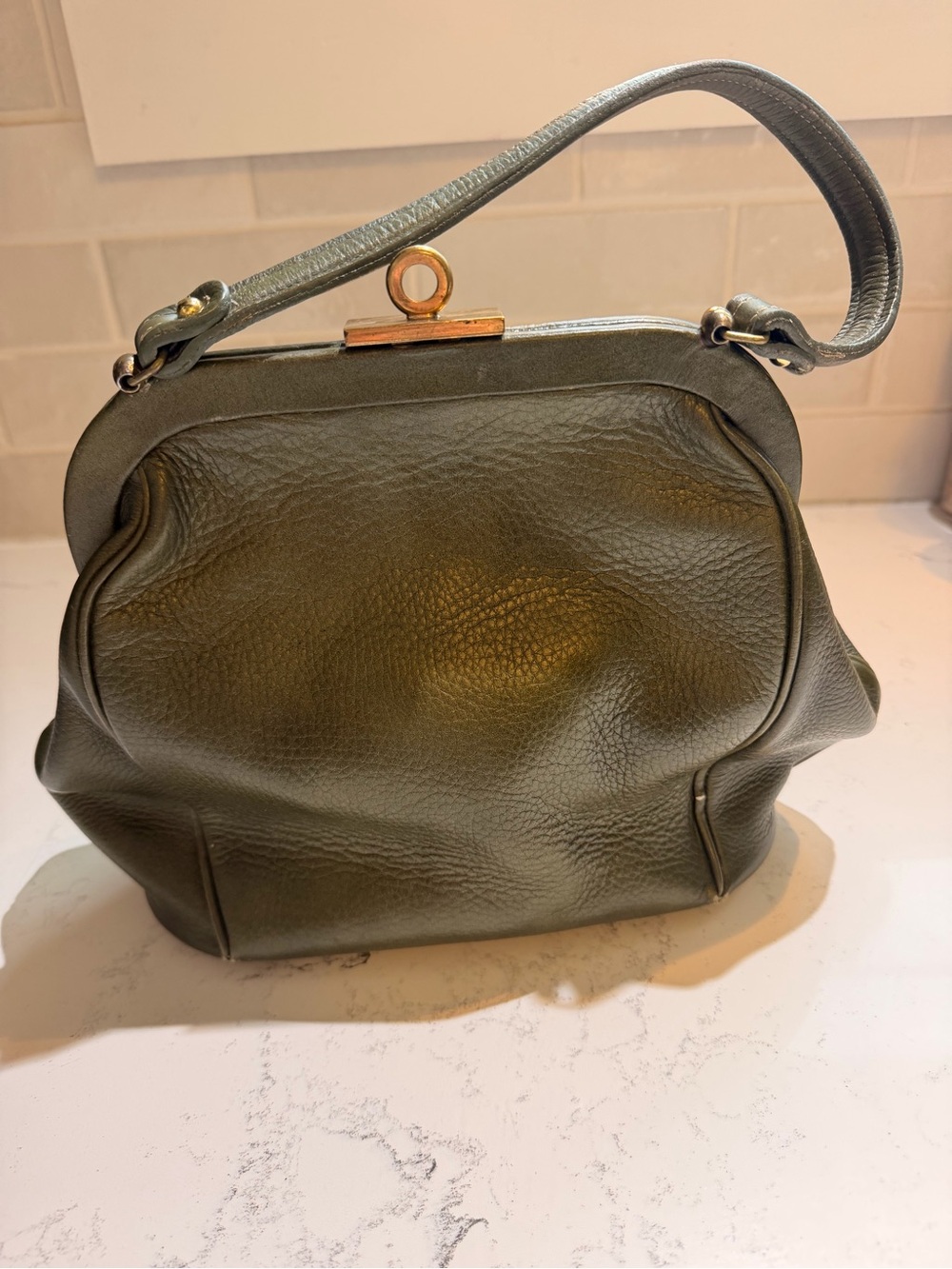 Vintage 1960s Olive Green Pebbled Leather Handbag | Gold Hardware - Picture 2 of 11